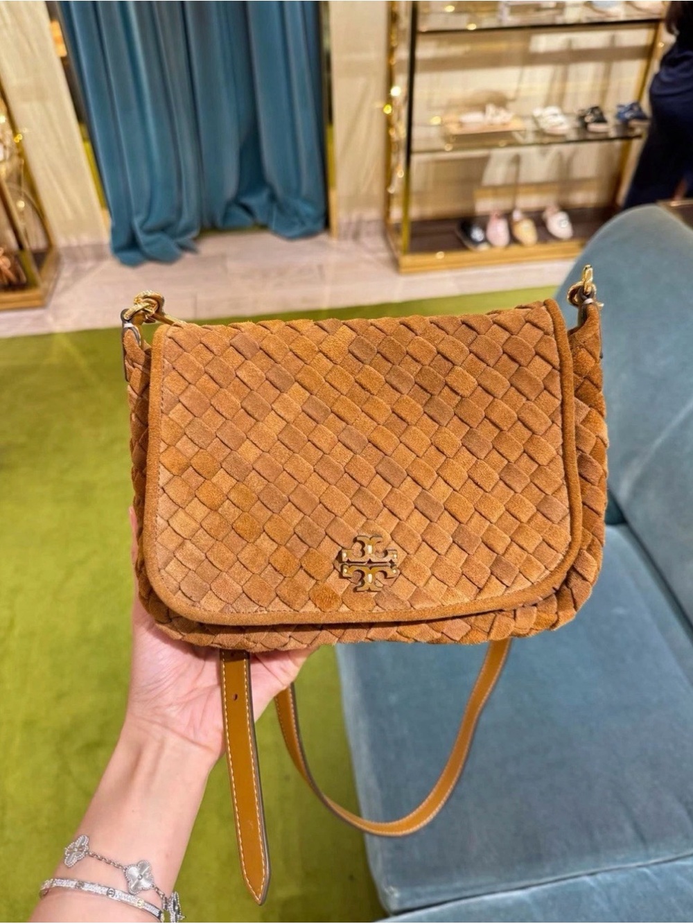 Tory Burch Thea Woven Suede Flap Crossbody in Chicroy Brown NWT - Picture 1 of 7